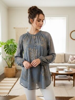 NWT LC Lauren Conrad Gold‑Floral Sheer‑Sleeve Peasant Blouse – Size S